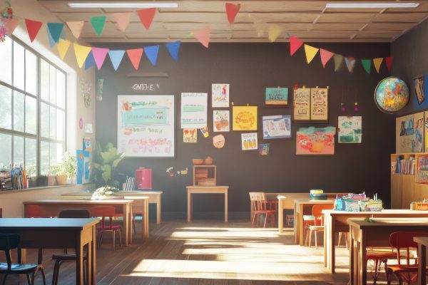 Illustration of decoration of bilingual education classroom where children learn. Ai generated image